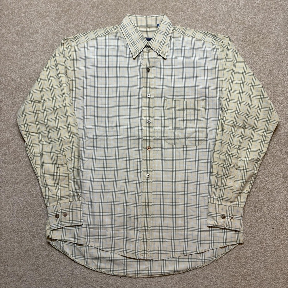 Burberry London Shirt Mens Medium Beige Plaid Twill Button Down LS USA Distress - Picture 1 of 16